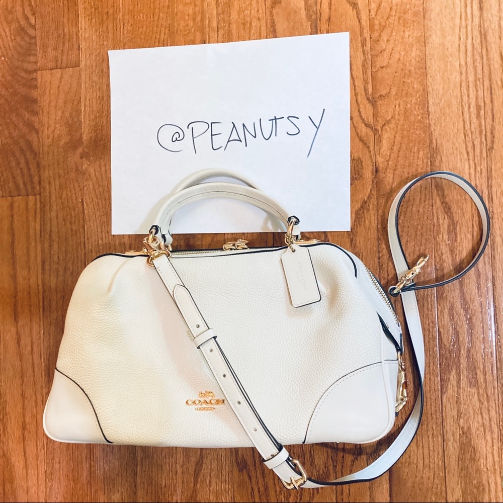 EUC COACH Lane Satchel Crossbody Bag gold and white chalk pebbled leather purse